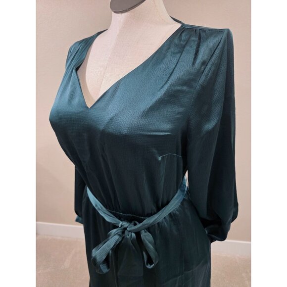 Lane Bryant Womens V-Neck Satin Dress With Tie Belt Dark Green Size 12 New With - Picture 10 of 14